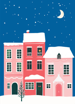Cute european houses, Christmas eve scene, winter snowy night illustration