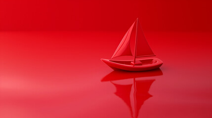 Fototapeta premium Red boat figurine with minimalist design on a vibrant red background, striking and bold nautical concept