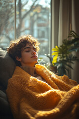 Realistic image of a person lounging with a cooling blanket that has a digital temperature readout, emphasizing its smart features,