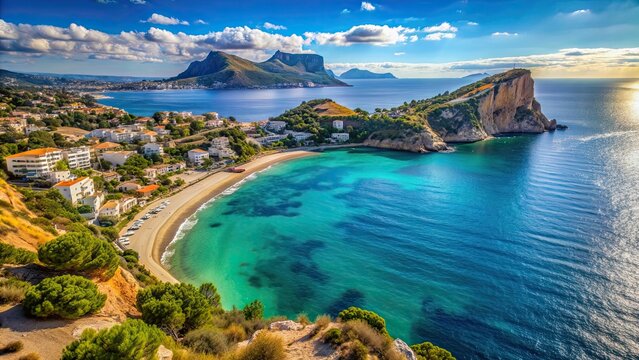 Scenic view of El Portet, Moraira, Spain with Cabo de Oro in the background, beach, coastline, Mediterranean, Spanish