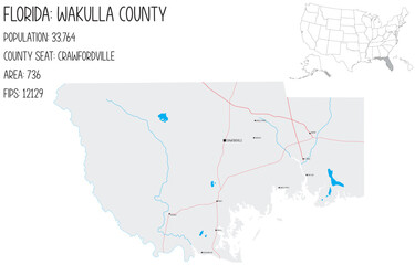 Obraz premium Large and detailed map of Wakulla County in Florida, USA.