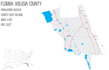 Large and detailed map of Volusia County in Florida, USA.