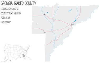 Fototapeta premium Large and detailed map of Baker County in Georgia, USA.