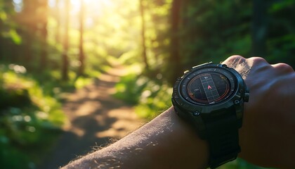 Naklejka premium Solar-Powered Smartwatch Worn During Hike Showing Energy Levels with Forest Trail Background