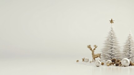 Fototapeta premium A beautifully arranged indoor display includes a small Christmas tree in a pot, adorned with stars, alongside a golden reindeer and colorful ornaments
