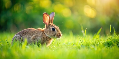 Obraz premium Rabbit peacefully grazing on fresh green grass in a lush field, rabbit, green, grass, field, animal, wildlife, nature, peaceful, grazing