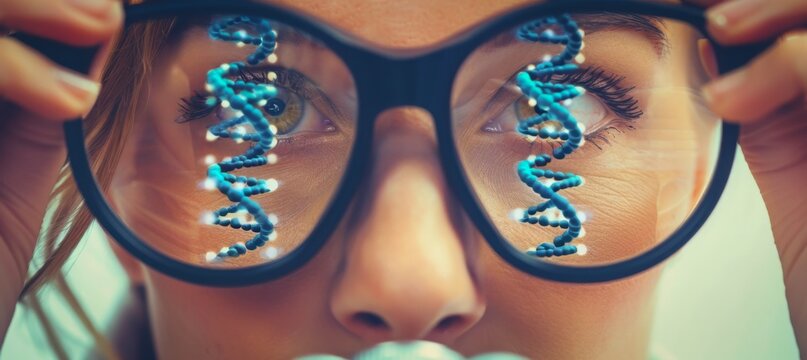 Scientist explores dna chains. Close-up of the face of a woman wearing glasses examining dna chains. Medicine and science. Microworld. Background, banner, poster, articles, advertisement, blog.	