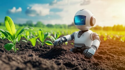 A robot at field of green plants