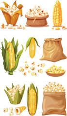 Cartoon corn. Corn, nut kernels, and grains in textile bag. Farm harvest elements, seasonal plants. Neoteric elements based on the modern grains crop.