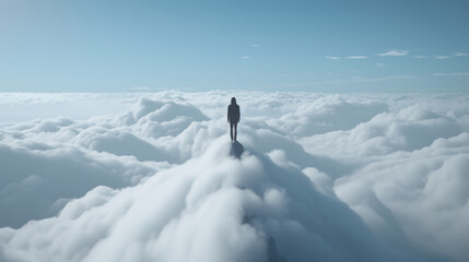 visualization of a dream, a person over the clouds, freedom and sucess