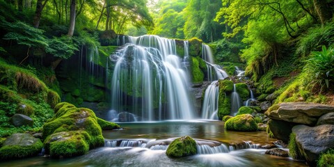 Fototapeta premium A beautiful waterfall cascading down rocks in a lush green forest setting, waterfall, forest, nature, cascading, rocks