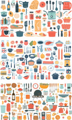 Fototapeta premium Crockery and ingredients for the kitchen. Coffee maker, stove, spoon knife, vegetables sandwiches, pizza, and cookies.