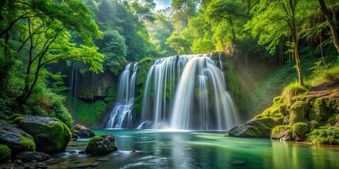 Serene waterfall surrounded by lush greenery in the forest, waterfall, forest, nature, serene, tranquil, peaceful, greenery