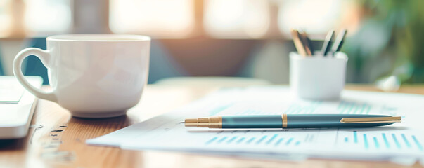Closeup of a pen lying on the desk among documents. Business concept.