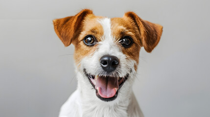 Close-up portrait of a cheerful Jack Russell Terrier, featuring its bright eyes and wide smile. The background is a simple, light gray, allowing the dog's joyful expression to take center stage.