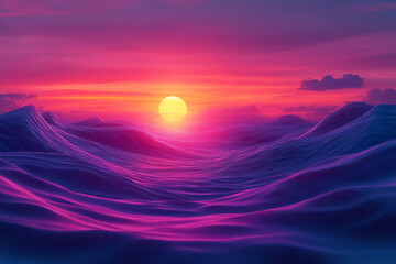 Clean and modern image of a sunrise over a digital, geometrically patterned purple landscape,
