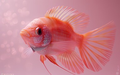 Fototapeta premium Vibrant Pink Fish with Delicate Fins Swimming in Soft Pink Water with Bokeh Background