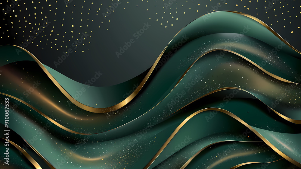 Wall mural abstract green and gold waves with a subtle sparkle effect. the metallic gold lines accentuate the f