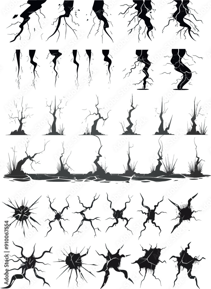 Fototapete a set of lightning silhouettes. monochrome zapping thunder storms. icons of black tree roots. nature