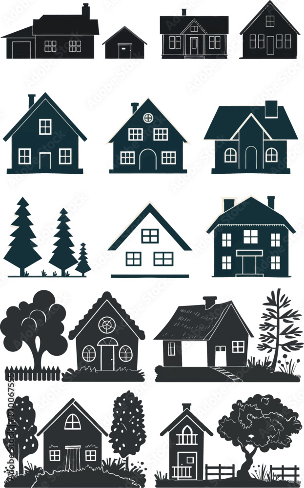 Poster A set of monochrome home icons in black and white with a simple geometric shape. A flat style house symbol for apps and websites.