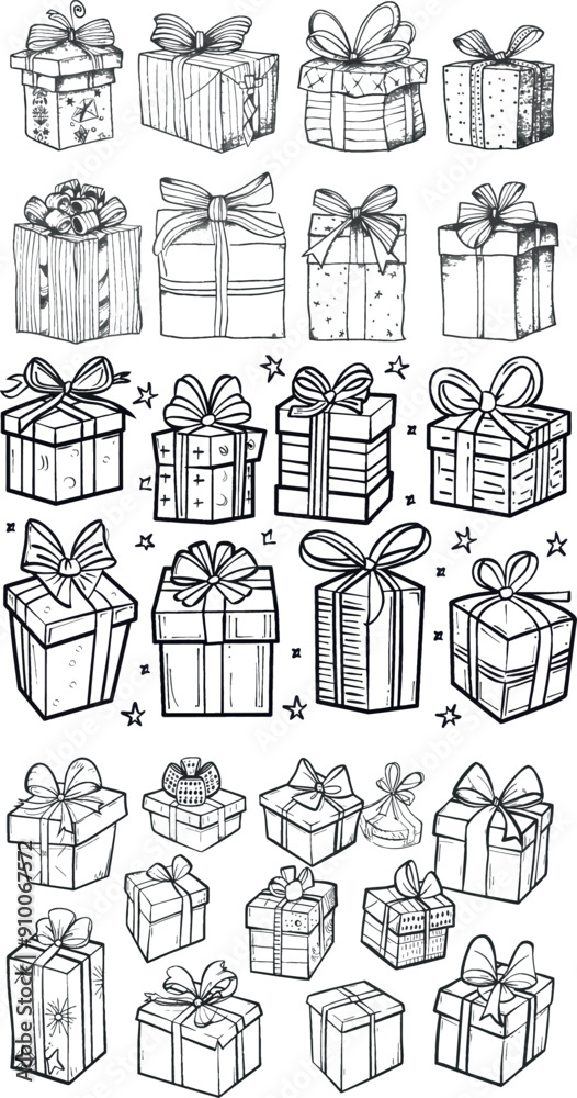Poster There are different shapes and sizes in this set of gift boxes with bows and ribbon. The outline style is hand drawn. It is suitable for holiday weddings, Christmas and birthday celebrations.