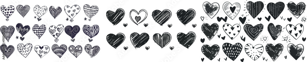 Poster Hand drawn scribbled striped elements with hearts icon. Modern holiday decoration with different shapes Valentine love symbols