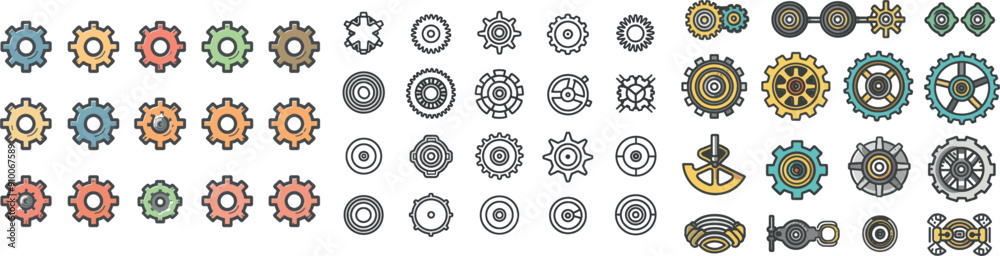 Poster detailed icon set of gears, cogwheels. wrench tool, fix concept. gearwheel settings for web interfac