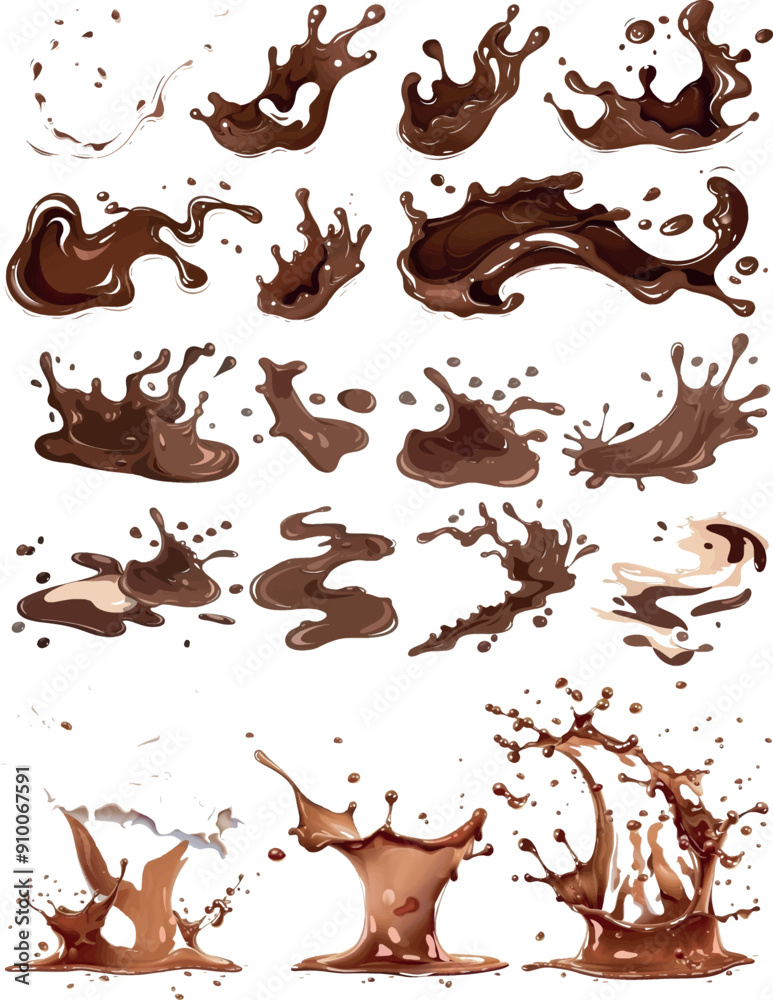 Aufkleber Chocolate liquid cocoa milk wave set. Splashed chocolates. Dessert flow stream with chocolate splatters. Modern elements collection.