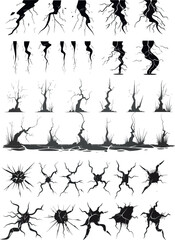 Naklejka premium A set of lightning silhouettes. Monochrome zapping thunder storms. Icons of black tree roots. Nature weather elements in modern compositions.