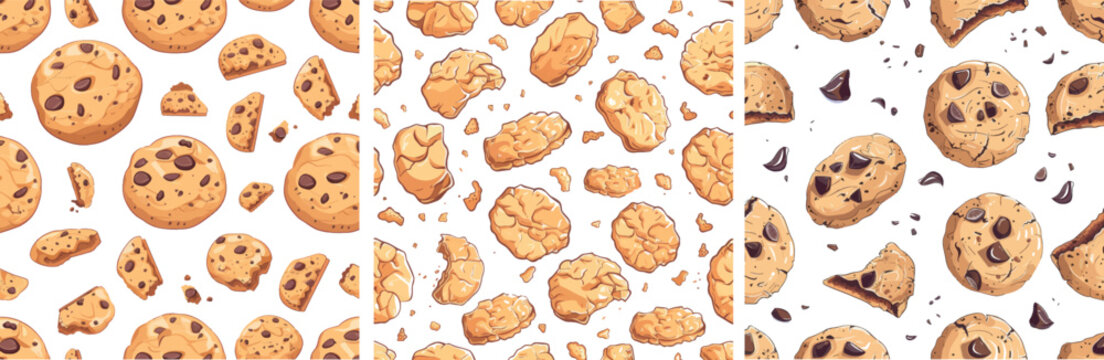 A seamless pattern of oatmeal cookies. A cookie with chocolate crumbs and broken bakery elements. A sweet dessert print with a neoteric modern background.