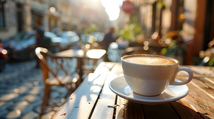 Obraz premium Cup of coffee on a sunny terrace with a view of a bustling city street