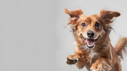 A small, long-haired dog with a joyful and excited expression captured mid-jump. The dog’s ears are flapping as it leaps, set against a simple light background.