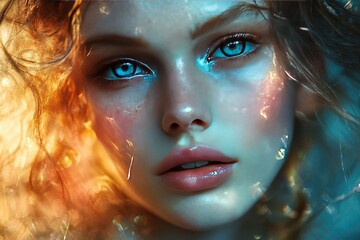 A close-up portrait of a stunning woman with mesmerizing eyes and radiant skin, reflecting light and beauty in an artistic composition.