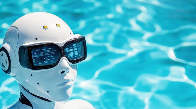 A robot is wearing goggle. She is standing in a pool
