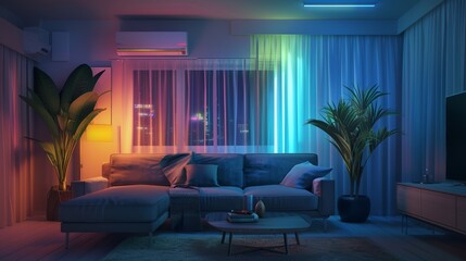 Modern Living Room with Colorful Ambient Lighting and Cozy Furniture in Urban Apartment