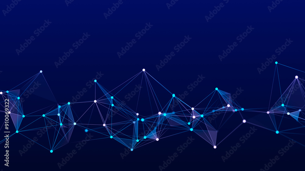 Poster Abstract background with interweaving of colored lines and dots. Network connection structure. Data exchange. 3D