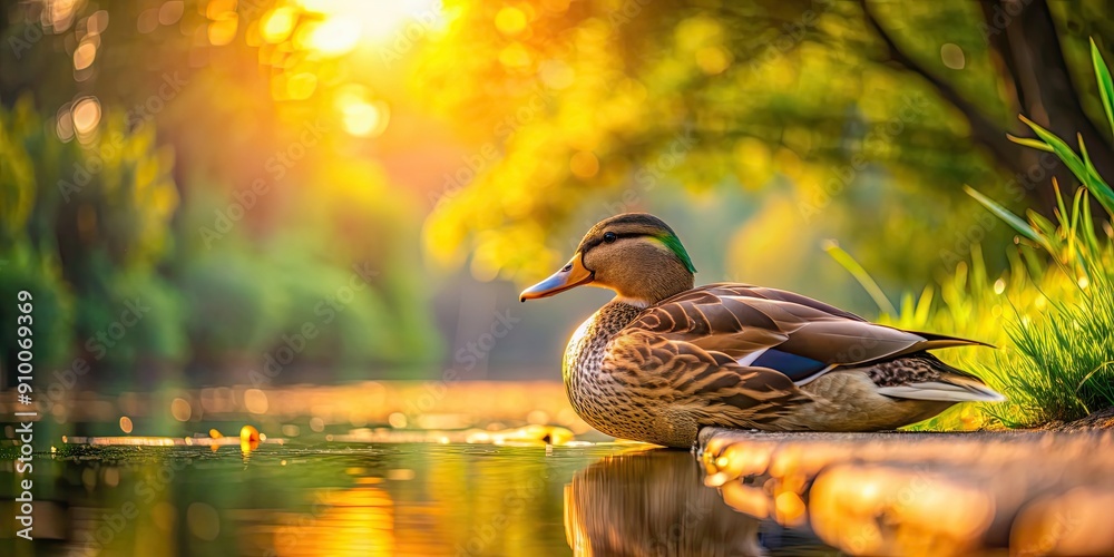 Wall mural A duck basking in the warm sunlight near a pond , duck, sun, bird, wildlife, nature, water, feathers, peaceful, relaxing