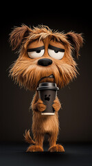 caricature style of a disheveled dog holding a coffee cup with a tired expression, minimalistic black background