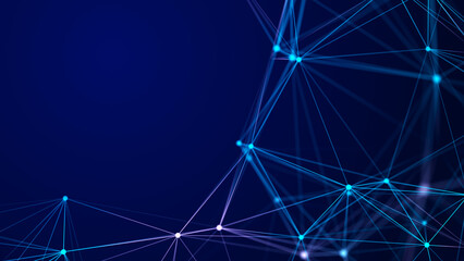 Abstract background with interweaving of colored lines and dots. Network connection structure. Data exchange. 3D