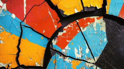 Colorful, cracked paint texture showcasing vibrant reds, blues, and yellows, perfect for artistic projects and abstract backgrounds.