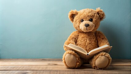 Teddy bear sitting with a book in its lap, teddy bear, stuffed animal, reading, book, learning, education, cute