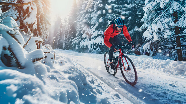 A cyclist in a red jacket speeds down a snow-covered forest path during sunrise. The image highlights the thrill and challenge of winter cycling in a picturesque, snow-draped landscape.