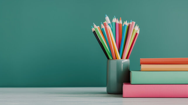 colorful pencils and books on desk , back to school concept
