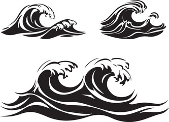 Silhouette of water wave vector icon, Wave beach vector symbol, Set of sea wave logo in black