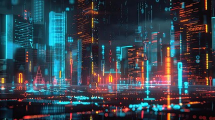Naklejka premium A vibrant digital cityscape with neon lights, showcasing futuristic architecture and technology in a mesmerizing urban scene.
