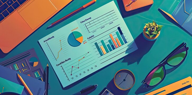 Colorful workspace with graphs, charts, and tools for data analysis, perfect for business presentations and financial reports.