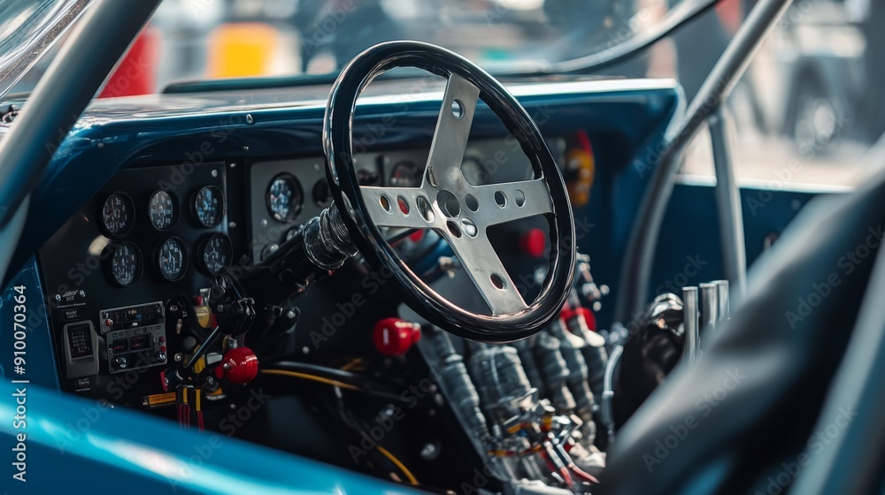 Aufkleber The race car cockpit displays an array of gauges and controls, showcasing the intricate design and preparation for an upcoming race.