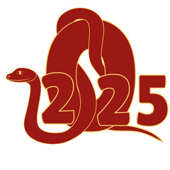 Chinese 2025 Red New Year Numeric. Zodiac Asia Snake with Gold Contour