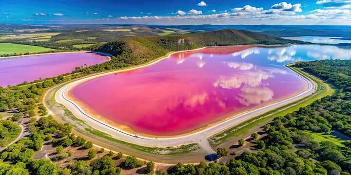 Aerial view of pink Lake Loch Iel in Victoria, Australia, Pink Lake, Loch Iel, Dimboola, Victoria, Australia