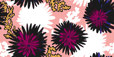 Chrysanthemums Asters Abstract fantasy flowers variegated ornament Asian motifs vector seamless overlapping pattern rapport
